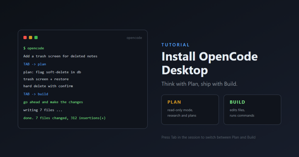 OpenCode desktop app showing the Build and Plan agents